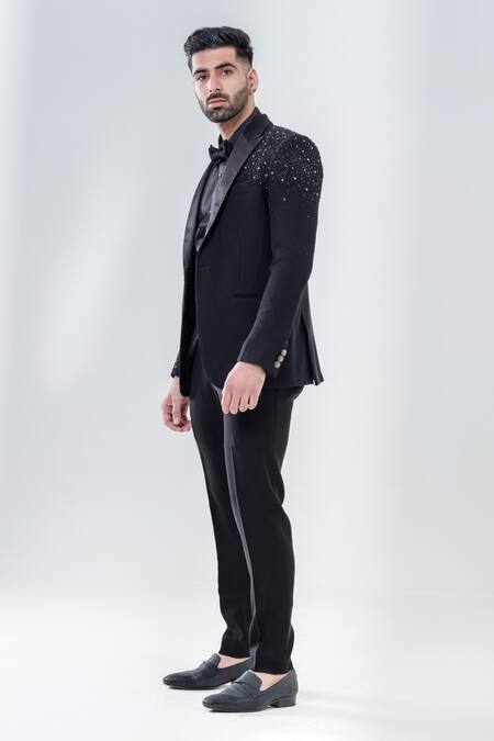 Amrit Dawani_Black Polyester Cut Work Embroidered Tuxedo Set _Online_at_Aza_Fashions