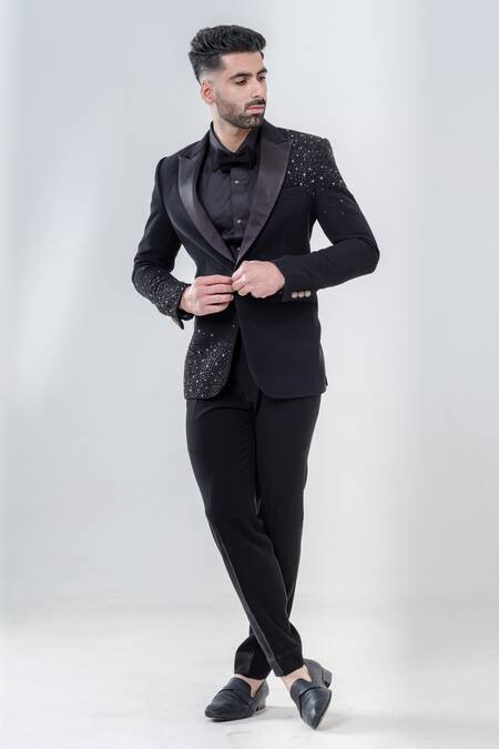 Buy_Amrit Dawani_Black Polyester Cut Work Embroidered Tuxedo Set _Online_at_Aza_Fashions