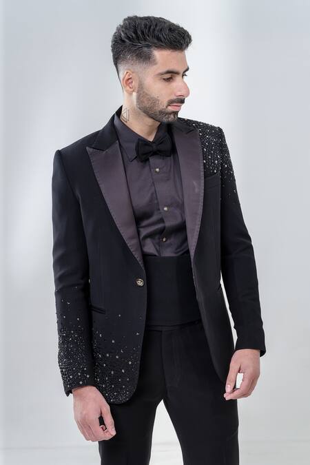 Shop_Amrit Dawani_Black Polyester Cut Work Embroidered Tuxedo Set _Online_at_Aza_Fashions