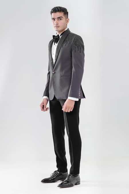 Amrit Dawani_Grey Polyester Cut Work Chevron Pattern Tuxedo Set _Online_at_Aza_Fashions