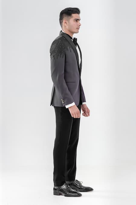 Buy_Amrit Dawani_Grey Polyester Cut Work Chevron Pattern Tuxedo Set _Online_at_Aza_Fashions