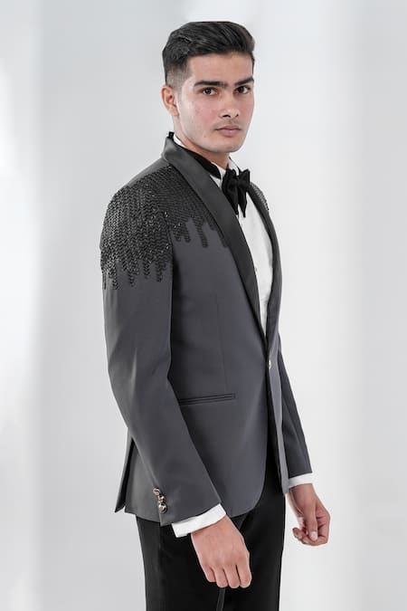 Shop_Amrit Dawani_Grey Polyester Cut Work Chevron Pattern Tuxedo Set _Online_at_Aza_Fashions