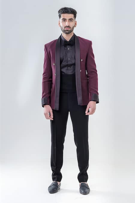 Amrit Dawani_Black Polyester Maroon Lapel Collar Tuxedo Set _Online_at_Aza_Fashions