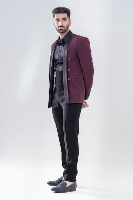 Buy_Amrit Dawani_Black Polyester Maroon Lapel Collar Tuxedo Set _Online_at_Aza_Fashions