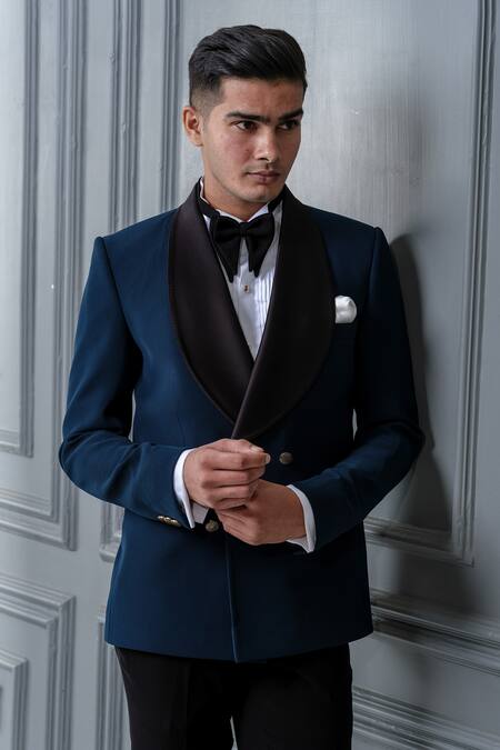 Shop_Amrit Dawani_Blue Polyester Shawl Lapel Collar Tuxedo Set _Online_at_Aza_Fashions