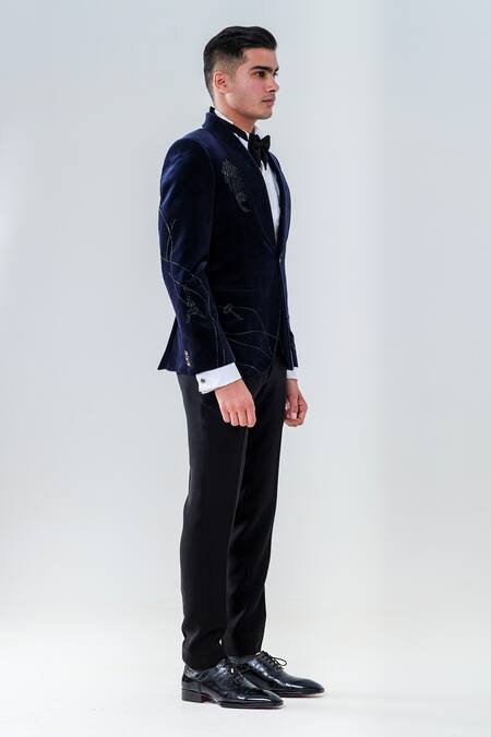 Amrit Dawani_Blue Velvet, Cotton, Polyester Cut Work Cutdana Embroidered Tuxedo Set _Online_at_Aza_Fashions