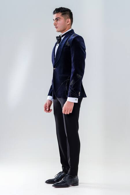 Buy_Amrit Dawani_Blue Velvet, Cotton, Polyester Cut Work Cutdana Embroidered Tuxedo Set _Online_at_Aza_Fashions