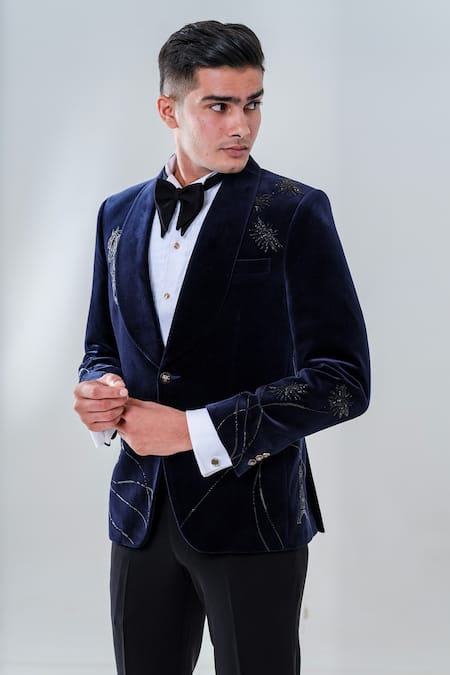 Shop_Amrit Dawani_Blue Velvet, Cotton, Polyester Cut Work Cutdana Embroidered Tuxedo Set _Online_at_Aza_Fashions