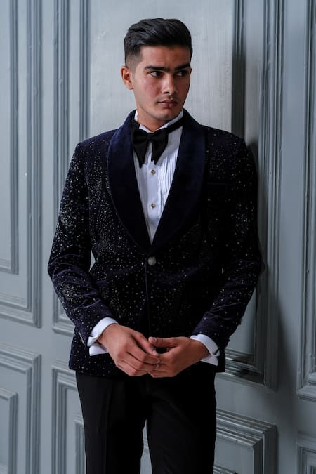 Amrit Dawani_Blue Velvet, Cotton, Polyester Cut Work Lapel Collar Tuxedo Set _Online_at_Aza_Fashions