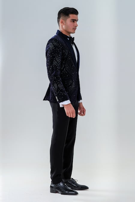Shop_Amrit Dawani_Blue Velvet, Cotton, Polyester Cut Work Lapel Collar Tuxedo Set _Online_at_Aza_Fashions