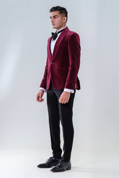 Amrit Dawani_Maroon Velvet, Cotton, Silk Embroidery Tuxedo Set _Online_at_Aza_Fashions
