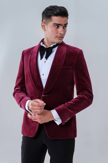 Buy_Amrit Dawani_Maroon Velvet, Cotton, Silk Embroidery Tuxedo Set _Online_at_Aza_Fashions