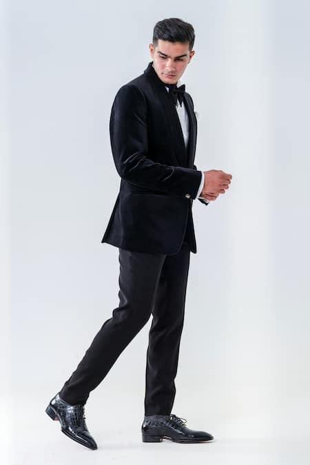 Amrit Dawani_Black Velvet, Cotton Shawl Lapel Collar Tuxedo Set _Online_at_Aza_Fashions