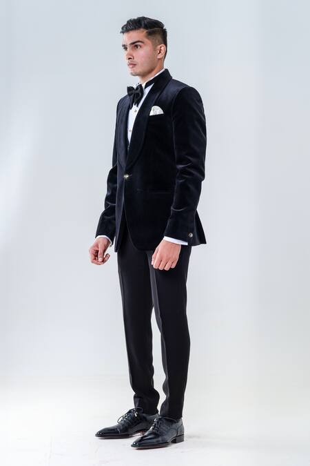 Buy_Amrit Dawani_Black Velvet, Cotton Shawl Lapel Collar Tuxedo Set _Online_at_Aza_Fashions