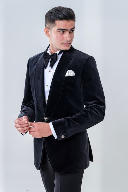 Shop_Amrit Dawani_Black Velvet, Cotton Shawl Lapel Collar Tuxedo Set _Online_at_Aza_Fashions