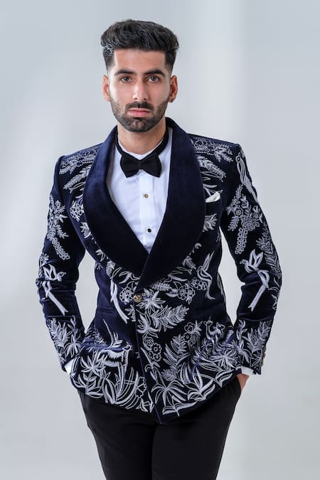 Amrit Dawani_Blue Velvet, Cotton, Silk Embroidery Navy Botanical Tuxedo Set _Online_at_Aza_Fashions