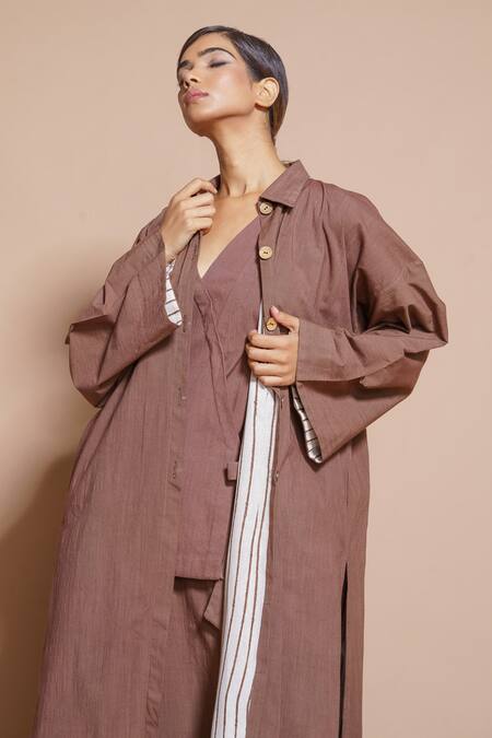 Stoique Orange Cotton Collared Butter Button Front Long Jacket Online at Aza Fashions Stoique_Orange Cotton Collared Butter Button Front Long Jacket _Online_at_Aza_Fashions