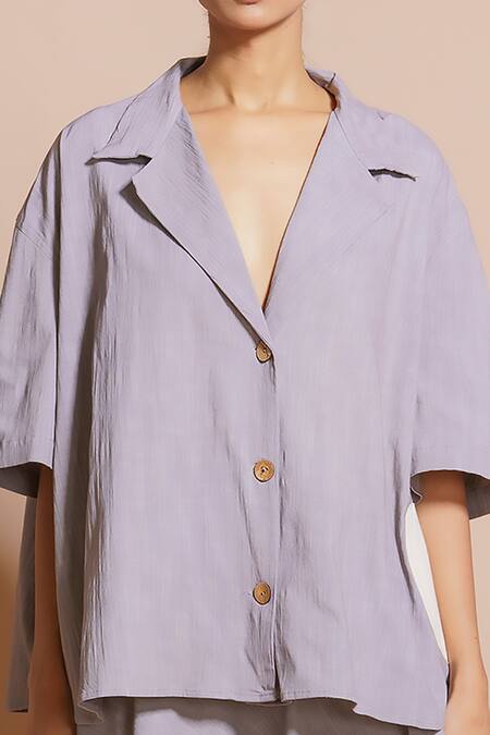 Buy_Stoique_Grey Cotton Applique Collared Gunpowder Half Sleeve Shirt _Online_at_Aza_Fashions