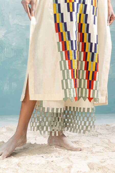 Ikai By Ragini Ahuja_Ivory Cotton Applique, Cut Work Nile High Slit Cut-work Pant_Online_at_Aza_Fashions