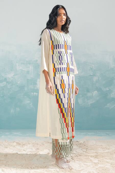 Buy_Ikai By Ragini Ahuja_Ivory Cotton Applique, Cut Work Nile High Slit Cut-work Pant_Online_at_Aza_Fashions