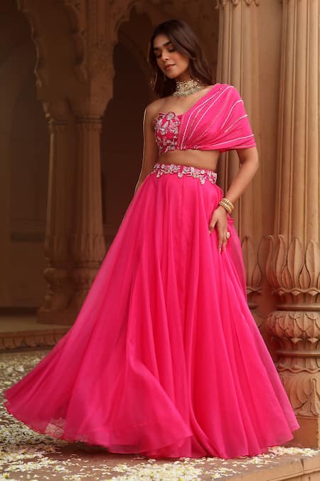 Buy_Dheeru Taneja_Pink Crepe, Organza Sequins, Beads One Alora Draped Blouse And Lehenga Set _Online_at_Aza_Fashions