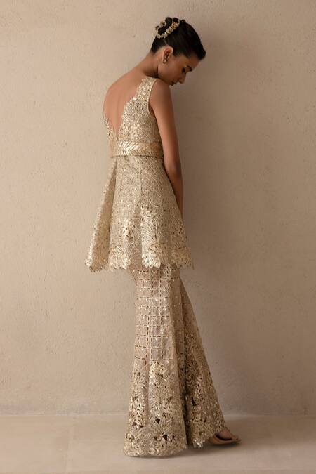 Shop_Varun Nidhika_Beige Silk , Brocade, Metallic Palm Peplum And Sharara Set _Online_at_Aza_Fashions