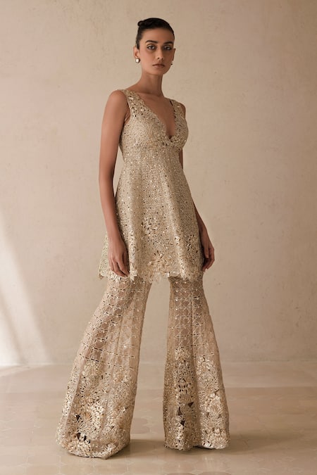 Varun Nidhika_Beige Silk , Brocade, Metallic Palm Peplum And Sharara Set _at_Aza_Fashions