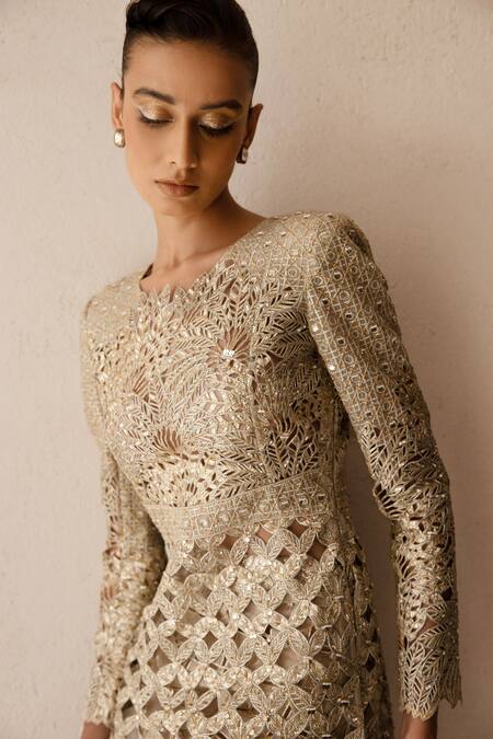 Shop_Varun Nidhika_Beige Silk Organza Cut Work, Mirai Metallic Palm-jharokha Kurta And Pant Set _Online_at_Aza_Fashions