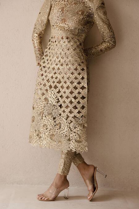 Varun Nidhika_Beige Silk Organza Cut Work, Mirai Metallic Palm-jharokha Kurta And Pant Set _at_Aza_Fashions