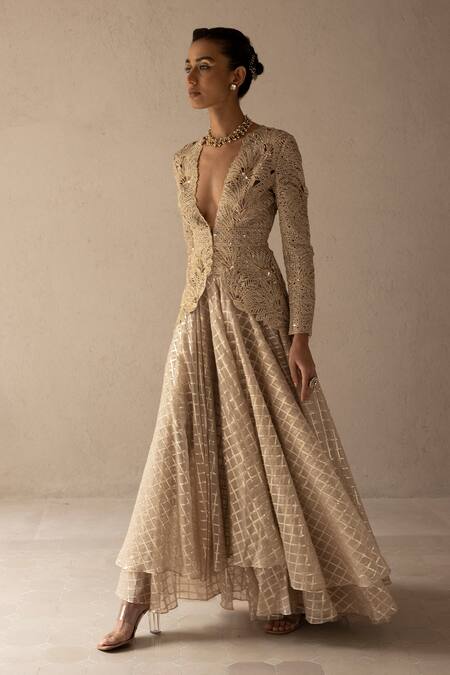 Varun Nidhika_Beige Silk , Brocade, Metallic Palm Jacket And Skirt Set _Online_at_Aza_Fashions