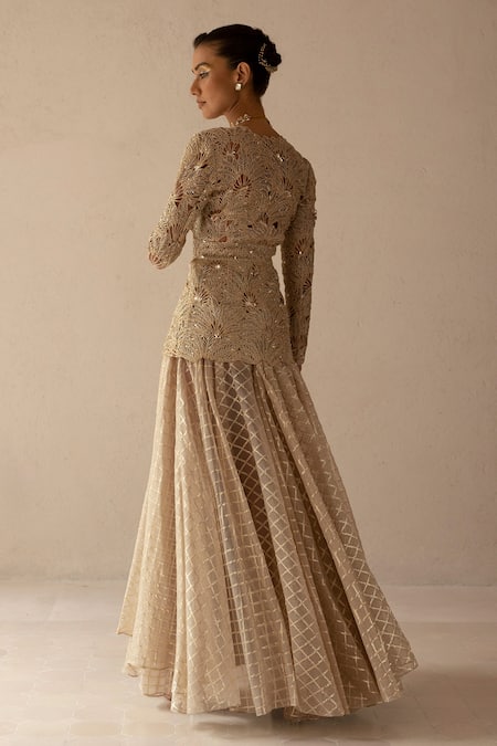 Buy_Varun Nidhika_Beige Silk , Brocade, Metallic Palm Jacket And Skirt Set _Online_at_Aza_Fashions