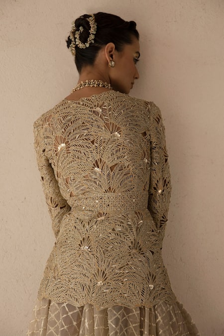 Varun Nidhika_Beige Silk , Brocade, Metallic Palm Jacket And Skirt Set _at_Aza_Fashions