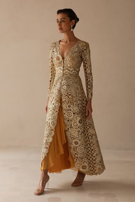 Varun Nidhika_Gold Silk Organza, Chiffon Embroidery Banphool Metallic Jacket With Ruffle Gown _Online_at_Aza_Fashions
