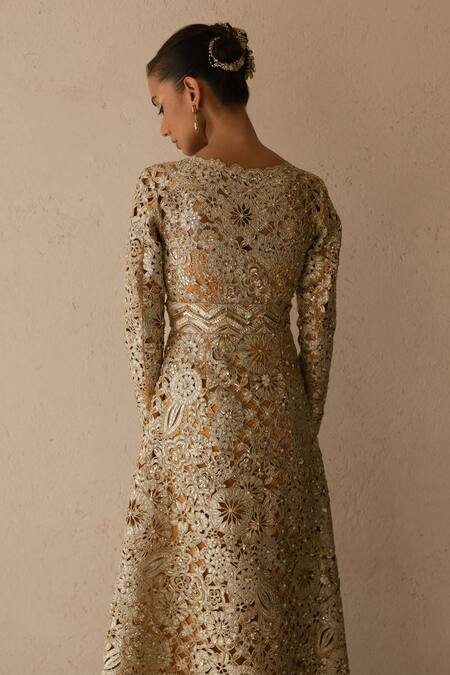 Shop_Varun Nidhika_Gold Silk Organza, Chiffon Embroidery Banphool Metallic Jacket With Ruffle Gown _Online_at_Aza_Fashions