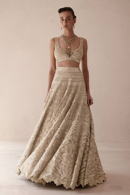 Varun Nidhika_Beige Silk Organza Pearls, Sequins, Mirrors, Gota Palladio Bridal Lehenga Set _Online_at_Aza_Fashions