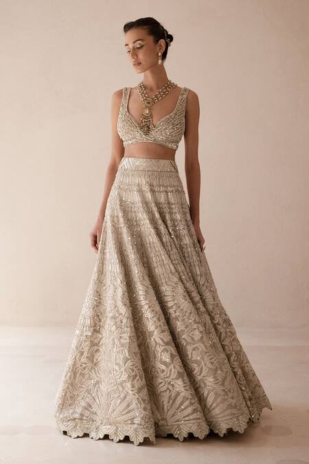Buy_Varun Nidhika_Beige Silk Organza Pearls, Sequins, Mirrors, Gota Palladio Bridal Lehenga Set _Online_at_Aza_Fashions