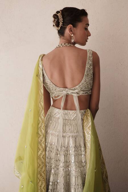 Varun Nidhika_Beige Silk Organza Pearls, Sequins, Mirrors, Gota Palladio Bridal Lehenga Set _at_Aza_Fashions
