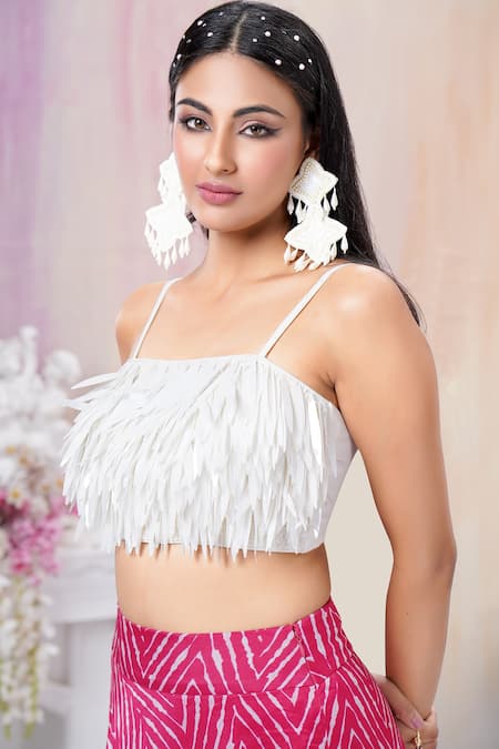 Shop_Amani_White Crop Top Semi Stretch Embroidered Sequin Square Fringe Tassel  _Online_at_Aza_Fashions