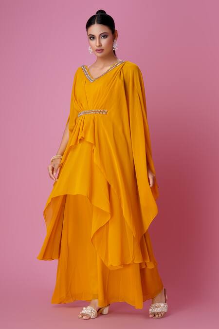 Amani_Yellow Georgette V Neck Layered Crystal Embellished Dress_Online_at_Aza_Fashions