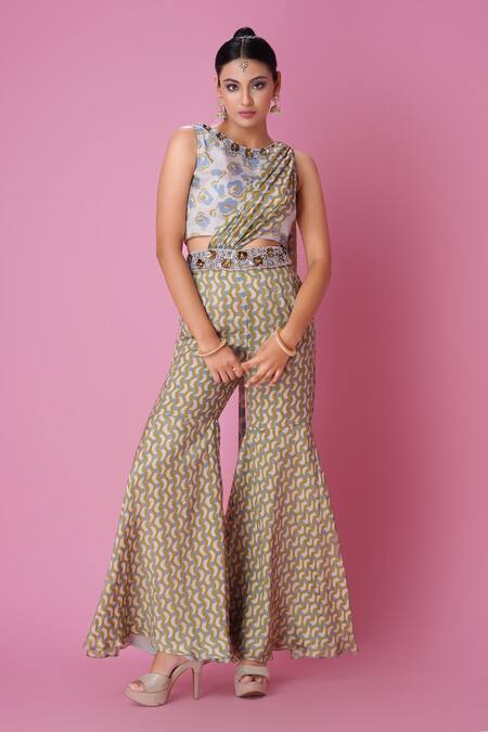 Amani Blue Crepe, Silk Embroidery Round Geometric Printed Pre-stitched Sharara Saree Online at Aza Fashions Amani_Blue Crepe, Silk Embroidery Round Geometric Printed Pre-stitched Sharara Saree _Online_at_Aza_Fashions