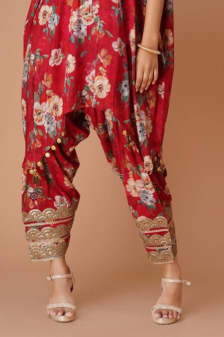 Amani_Red Muslin, Silk Tassels, Sequins Floral Pattern Fusion Kaftan And Patiala Set _Online_at_Aza_Fashions