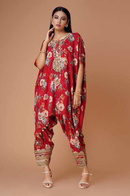 Buy_Amani_Red Muslin, Silk Tassels, Sequins Floral Pattern Fusion Kaftan And Patiala Set _Online_at_Aza_Fashions