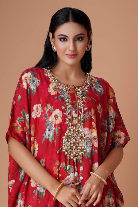 Shop_Amani_Red Muslin, Silk Tassels, Sequins Floral Pattern Fusion Kaftan And Patiala Set _Online_at_Aza_Fashions