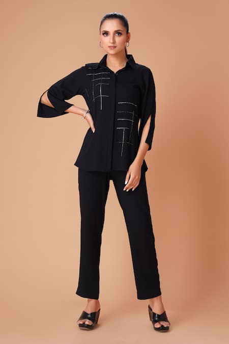 Buy Black Semi Stretch Embellished Shirt Collar And Pant Set For Women by  Amani Online at Aza Fashions.
