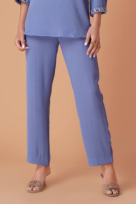 Amani_Blue Crush Lycra Embellished Asymmetric Cold Shoulder Top And Pant Set _Online_at_Aza_Fashions