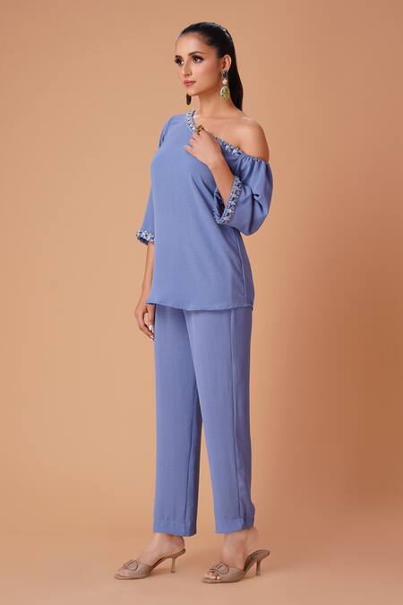 Buy_Amani_Blue Crush Lycra Embellished Asymmetric Cold Shoulder Top And Pant Set _Online_at_Aza_Fashions