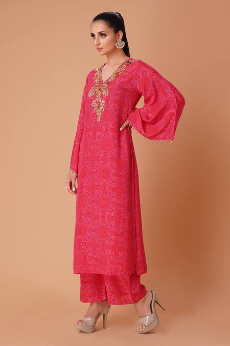 Buy_Amani_Pink Muslin Silk Patola V Neck Pattern Kurta And Pant Set_Online_at_Aza_Fashions
