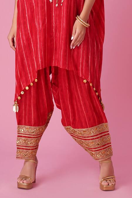 Amani_Red Muslin, Silk Embroidery Round Stripe Pattern Fusion Kaftan And Patiala Set _Online_at_Aza_Fashions