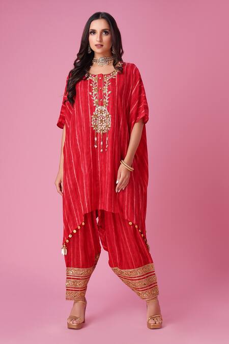 Buy_Amani_Red Muslin, Silk Embroidery Round Stripe Pattern Fusion Kaftan And Patiala Set _Online_at_Aza_Fashions