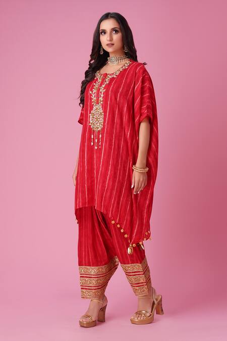 Shop_Amani_Red Muslin, Silk Embroidery Round Stripe Pattern Fusion Kaftan And Patiala Set _Online_at_Aza_Fashions
